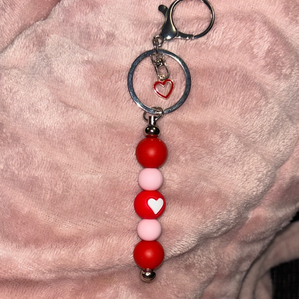 Red and Pink Beaded Keychain with Heart Charm Handmade